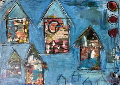 Little Soul Houses 2”, 2023, 16x20", acrylics on canvas. Price: $500 Artist's description: Each person is walking around in their little soul houses. We are all here to spread love, learn lessons, and help others through this journey called life. We have our own bodies that in cases, our soul… Our soul houses. But also, I believe that everyone deserves to have a safe house. Everyone deserves emotional and physical safety, including literally safe houses. This painting was inspired by my previous work with the homeless population and foster children who were looking for their safe place through the kindness and assistance of others.