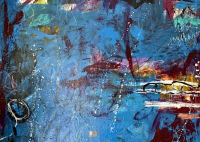 Undercurrents of Clarity, Peace, Joy, and Happiness, 2026, 24x36", Acrylic painting, India, ink, pencil, charcoal, wax crayon, handwritten messages on canvas. Price: $800 Artist's description: Life is rich and colorful. But it’s very easy to feel like we’re underwater sometimes, trying to navigate challenges of our human existence. This Piece is inspired by the deep blue undercurrents of water that washes over us in our emotions. We can feel like we’re drowning in these undercurrents of emotions, or we can remember with tremendous clarity that it’s all about love, peace and joy. We can embrace the richness of all of our experiences and ride the wave so that we continue to expand and move through storms with ease.