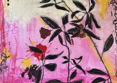 Rise with Joy. 2020, 24x36", Acrylic paint, charcoal, pencil, colored, pencil, ink On canvas. Price: $500 Artist's description: We all can access Joy. Despite our circumstances, we can rise, we can be delighted by nature, we can engage in the brighter colors of our existence and rise above with Joy. This piece is part of my shadow work series where I noticed shadows of my beautiful plants the term shadow work is often used in counseling and spiritual practices to indicate that we’re going deep to understand the depths of our own personal darkness or trauma. I believe this is very important work because there is beauty in the shadows. We can choose how we view life, and how we choose to rise. The yellows and pinks and reds of this painting, emit the idea of joy and upward trajectory That is available to us despite our challenges.