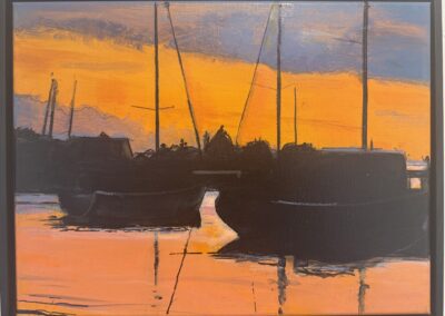 Sunrise Matanzas Pass 2025. 12x17". Acrylic on canvas. Price $250.00 Painting of early sunrise at Matanzas Pass Back Bay Ft Myers Beach.
