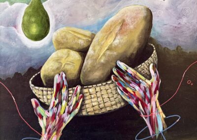 El Pan Nuestro de Cada Dia, 2025, 20x20", acrylics and acrylic markers on gallery wrap canvas, Price: $750 Artist's Description: The bread on this painting represents hope and sustenance, the basket is a representation of stability enforced by labor and the colorful hands represent all races of humans, with equal needs. The avocado is reference to how the land feeds you, if you treat her well.