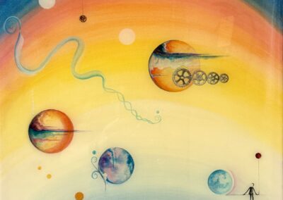 Live With A View, 2020, 16x24”, acrylics, collage and resin on gallery wrap canvas. Price: $500 Artist’s description: this piece reflects the mechanics of human interactions and relationships.