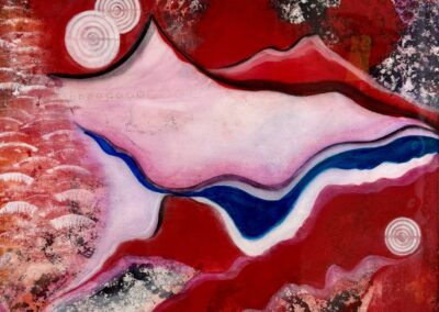 Silence and Serenity, 2025, 20x20”, acrylics and resin on canvas. Price: $450 Artist’s description: this piece conveys much needed moments of silence and serenity.