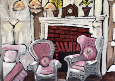 A Place to Ponder, 2026, 20x20”, acrylic on canvas, Price: $350. Artist description: This is Thomas and Mina Edison’s bedroom at their winter estate on McGregor Blvd., Fort Myers, FL. I envision them sitting together in the evening and the conversations they would have had.
