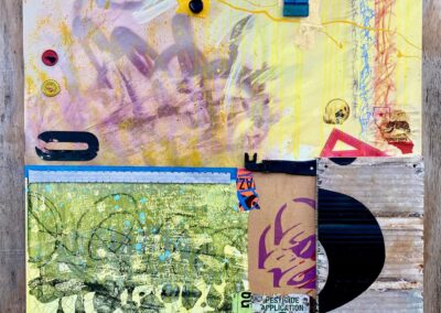 It Comes in Waves, 2022, 24x36", Pigment transfer, acrylics, spray, house paint, paint markers, ink, gold leaf, painters tape, reflective tape, vinyl lettering, cut paper, diamond dust, graphite , and uv varnish on canvas 24in x 36in (wired for hanging). Price: $850 Artist's description: The work is the first part of a 6 part series on the timelapse progression of a Hurricane, with this representing the “calm before the storm”. Often the days leading up to a massive storm are beautiful, breezy and cool, bright and sunny, sometimes still and eerily quiet, that I have always seen as a “enjoy these moments now” sign. For the days and weeks following will be filled with high temperatures, higher humidity, and a community in shambles. But that is always when I see humanity pull together to help each other. Originally retailed at $1,000.00 and exhibited during solo show, discounted studio price is offered.