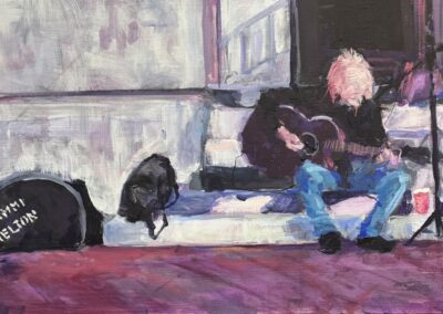 Jimmi, 2026, 40x16", oils on canvas. Price: $1,200 Artist's description: I painted this from a photo taken by Michael Bushatz to honor Jimmi who entertained us on “First St” Fort Myers for many years.