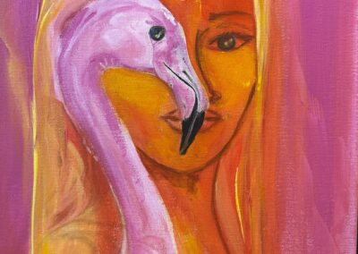 Flamingo 3, Meet Virginia, 2025, 12 X16", acrylics on gallery wrapped canvas. Price: $75 Artist's Description: American flamingos in vivid pink, coral and blue. Expressive, textured brushwork captures each bird in motion, in water and in community. In August 2023 Hurricane Idalia blew flamingos into Florida for the first time in over 100 years. We honor their homecoming. Flamingos thrive in flocks. Their return is proof that restoration works - that when a community decides to "do something" life comes back. As a Floridian I painted these so residents and visitors know this story: when we feed the land and each other we all flourish.