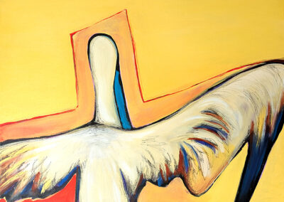 Morning Stretch, 2026, 24"x36", Acrylic and Ink on Canvas. Price: $875 Artist Description: This piece is a colorful portrayal of a pelican waking up and stretching on its perch as it greets the new day. The contemporary style creates a bold aura around the subject and creates additional movement through the art..