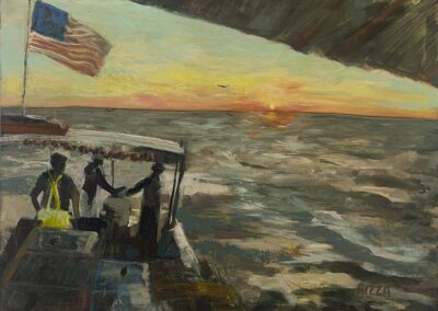 New Day, 2024, 40x30", oils on gallery wrapped canvas. Price: $950 Artist's description: Crabbers of Bokeelia (Pine Island) off for another day on the water.