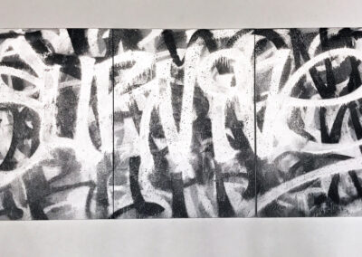 Outlive/Outlast, 2017, 108x48", Solvent based acrylic on canvas (triptych). Price: $3,000 Artist's description: Painted this work a month into our Hurricane season with the hopes that we would be safe that year. Irma would hit Florida in September and devastate many areas. The piece was featured in two group exhibitions and then installed in my living room for many years. In September of 2022, Ian directly hit our area as the most powerful storm we have ever seen. Several of my close friends lost their homes and everything in them to the storm surge, wind damage, flood waters, and fallen trees. Upon hearing this news I decided to open my home and provide shelter as I had power and water back before most. Most nights were spent making large family meals and talking to each other to help heal. It was on one of those first nights that one of them noticed the word SURVIVE in this piece and proceeded to tell me how important this work was for everyone staying there, it was also the first time someone was able to read it on their own which has stuck with me. The work was again exhibited one last time for my solo exhibition on the impacts of hurricane Ian on this area, with a small print run that sold out at the opening. It has been a part of my personal collection with the sole intent to sell it only to a foundation or institution that prioritizes community and helping those who are in need. This work was originally retailed at 6000.00 has remained at that price but wanted to offer it for a discounted studio price. My hope is that more people can connect with this work and use It to heal from their own tragedies, reminding themselves to outlive and outlast any and all hardships.