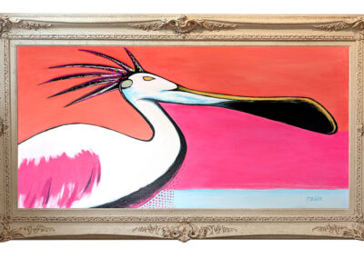 Pretty in Punk, 2026, 56x32" Framed, Acrylic and Ink on Canvas. Price: $1,250 Artist Description: This piece takes a whimsical look at the beauty of the spoonbill and gives added flair to the personality of the bird. It's a blend of pop culture personified in one of our iconic shorebirds.
