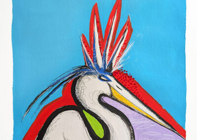 Punk Heron #1, 2026, 11x14" matted in 16"x20" Frame, Acrylic and Ink on Paper. Price: $375 Artist Description: This piece is part of an ongoing "punk birds" series. The series takes a whimsical look at their beauty and gives added flair to the personality of the bird. It's a blend of pop culture personified in our iconic shorebirds.