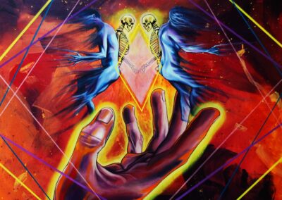 Reconciliation, 2024, 51.5x45.5", acrylic on canvas (currently framed with matte black box frame). Price: $900 Artist's description: In the complexity of how humans relate to one another, even in conflict there is connection.