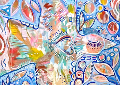 River of Painted Birds, 2025, 60x48", acrylics, acrylic pens and oil pastels on canvas. Price: $3,000 Artist's description: This piece depicts a striking, colorful bird with a vivid heart at its center. This enchanting bird soars gracefully above people, embodying a sense of freedom and unity as it spreads its wings wide, connecting and uplifting those below with a message of hope and togetherness.