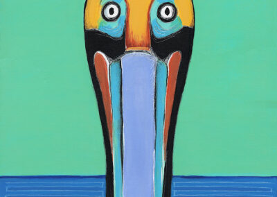 Staring Contest, 2026, 30x33" in a black floating frame, Acrylic and Ink on Canvas. Price: $1,200 Artist Description: This piece creates an interactive moment with the viewer to stare back into the front facing pelican's eyes. The scene is simplified into bold colors and a clean background to fully engage into the stare without background interruptions. The comic book style artwork adds to the folly of the piece.