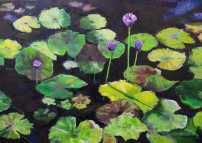 Suspended, 2023, 48x30", oil on gallery wrapped canvas. Price: $1,200 Artist's description: Lotus pond at the Naples Botanical Garden.
