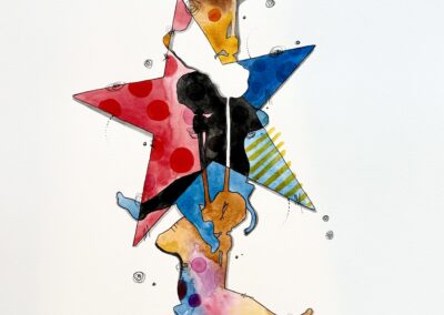 Swinging on a Star, 2026, 27x32", watercolors on 190lb watercolor paper, framed (white, wood and glass). Price: $650 Artist's Description: This piece represents the innocence of childhood and places the subjects, children in swings, as the center of the world.