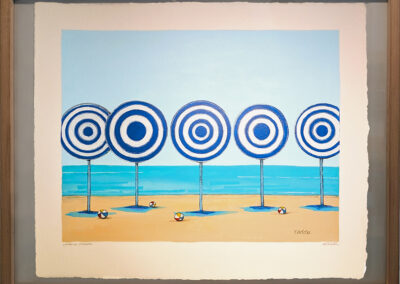 Umbrella Orchard, 2026, 31x25" Framed, Acrylic and Ink on Paper. Price: $725 Artist Description: This piece is a depiction of a familiar beach scene turned into a cartoon event. The beach umbrellas we often see clustered together on the sand are turned into a grove of "trees" with beach ball fruit on the ground below.
