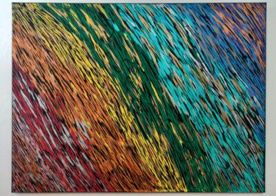 Wading Through Static, 2023, 36x48", acrylics on canvas, Price: $333 Artist's description: Inspired by the original pride rainbow in 1978. The eight colors blend in with the metallics and shadows in imitation of waves. Energies in different frequencies flowing in harmony together, all part of the same sea.