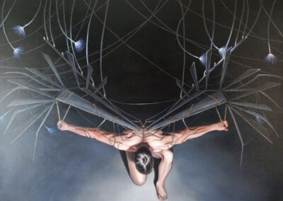 Broken, 2012, 36x48", acrylic on canvas, (unframed) Price: $800 Artist's description: In the struggle to overcome the trials of living - be it poverty, addiction, or simply overcoming one's demons - the process is far from simple. To rebuild one's wings, it takes time and connection.