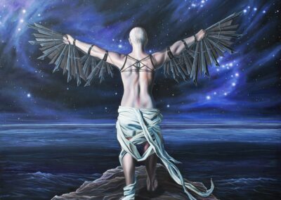 Emancipation, 2010, 45x60", acrylic painting on canvas, (currently unframed, unstretched - but can be mounted on stretcher frame prior to delivery). Price $1,600 Artist's description: The innate desire for freedom and independence is so often combated with complication from both internal and external forces. Only with support, determination, and the knowledge required can we finally fly free at the right moment.