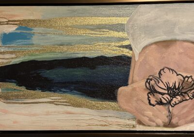 Magnolia, 2025, 24 x 48 acrylic, oil, gold flake on framed canvas. Price $1400. Artists description: This piece is about hope.