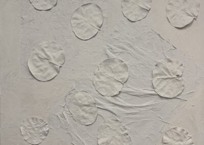 11:11, 2025, 36x36", acrylic, rice paper, molding paste and dried sea grape leaves on canvas. Price: $800 Artists description: this is a study in nature and seasonal changes as emotions.