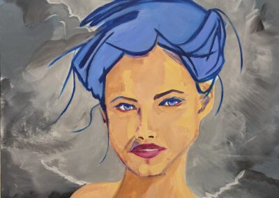 Blue Squall, 2024, 36 x 36", acrylic on canvas. Price $800. Artists description: piece about emotional storms.