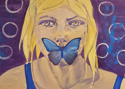 Deep Thoughts, 2023, 24 x 48", acrylic on canvas. Price $1200. Artists description: this is a piece about keeping your thoughts to yourself.