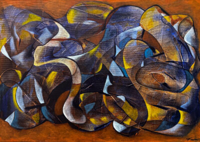 Interconnections #4, 2025, 24x36", acrylics, oils & oil sticks on gallery-wrapped canvas. Price: $1,400 Artist's description: This piece explores the continuous flow of relationships, energy, and shared experiences that shape the human journey. Interlocking organic forms in deep blues, warm earth tones, luminous golds, and soft grays weave seamlessly across the canvas, creating a visual rhythm that suggests movement, balance, and unity...reminding us that every connection—seen or unseen—contributes to the greater tapestry of life,