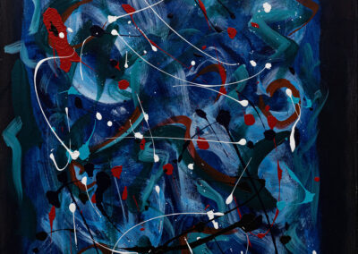 Interconnections, 2025, 36"x24", Acrylics on Gallery-wrapped canvas. Price: $980 Artist's Description: Interconnections captures the unseen threads that bind people, ideas, and experiences into an ever-evolving whole. The composition balances movement and spontaneity with underlying harmony, inviting viewers to reflect on the intricate relationships that shape our lives and the beauty that emerges from interconnectedness.