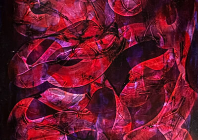 Interconnections #3, 2025,40x30", acrylics, oil sticks on gallery-wrapped canvas. Price: $1,400 Artist's description: This piece explores the powerful, often unseen forces that bind people, emotions, and experiences together. Flowing crimson and violet forms intertwine across a deep, shadowed background, creating a rhythmic network of movement, tension, and release. Rich in energy and mystery, the painting invites viewers to reflect on the complexity of human relationships and the invisible threads that unite us all.