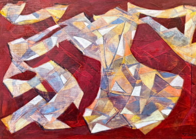 Letting go..., 2025, 24x36", acrylics, oils & oil sticks. Price: $1,400 Artist's description: This is an abstract painting that captures the quiet unraveling of the self. A human bust and head, sculpted from delicate paper ribbons, begin to disassemble—each strand peeling away like fading memories or emotions drifting into the ether. The background pulses in deep red shades, a visceral echo of intensity and release. The ribbons, rendered in subdued, shifting hues, twist through space in layered, fragmented forms that evoke a Cubist sensibility—suggesting the complex, fractured process of surrendering thoughts and feelings. It is a meditation on impermanence, vulnerability, and the beauty of release.