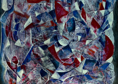 Shattered, 2025, 48x36", acrylics, collage, charcoal, oil & oil sticks on gallery-wrapped canvas. Price: $1,800 Artist's description: This is a powerful abstraction that reimagines the American flag as a fractured mosaic of broken forms, fragmented lines, and layered textures. Once-familiar red, white, and blue elements dissolve into disjointed shapes, symbolizing the erosion of the ideals that have long defined the American Dream—opportunity, unity, and hope. Rather than offering a conclusion, Shattered poses a timely question: Can what has been broken be reassembled into something stronger, or has the dream itself become irrevocably fragmented?