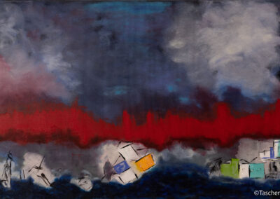 Waves, 2024, 24x36", acrylics, oil & oil sticks on gallery-wrapped canvas. Price: $900 Artist's description: Waves was born in the aftermath of Hurricane Ian, transforming personal experience into an emotional landscape of loss, resilience, and renewal. Dark, turbulent skies and deep blue waters are interrupted by a striking crimson band that evokes both a wave of destruction and the raw intensity of anger, while fragmented geometric forms hint at shattered homes, disrupted lives, and communities forever changed. Yet amid the chaos, subtle passages of light and color emerge, suggesting that even after devastation, hope begins to rise. Waves is a meditation on the emotional and physical aftermath of disaster, reminding us that while nature can leave us broken, the human spirit possesses an enduring capacity to rebuild, recover, and move forward.